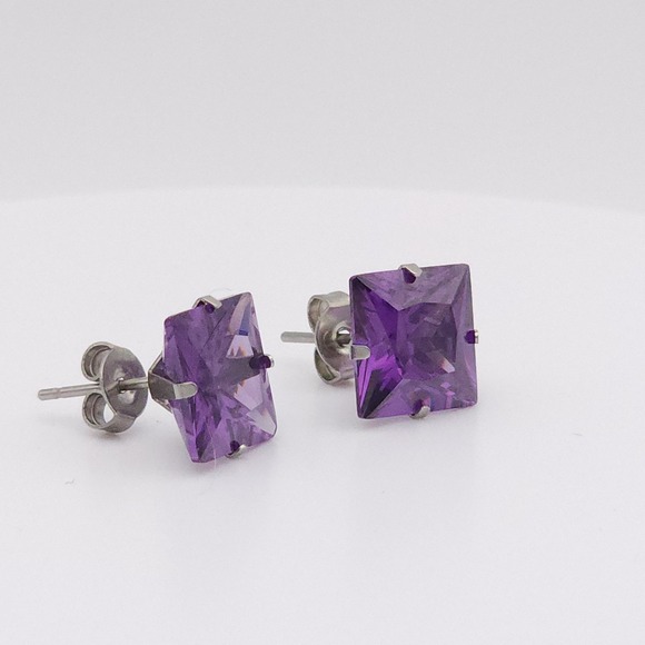 Silver 10mm Square CZ Amethyst Purple Stud Earrings – NEW - Picture 9 of 16